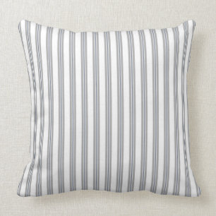 Farmhouse Vintage French Ticking Stripe Blue Grey Throw Pillow