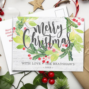 Farmhouse Watercolor Winter Berry Wreath Holiday Postcard