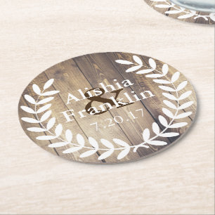 Farmhouse White Laurels Bride & Groom Wedding Date Round Paper Coaster