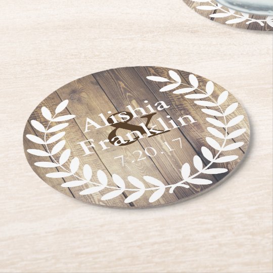 Farmhouse White Laurels Bride & Groom Wedding Date Round Paper Coaster