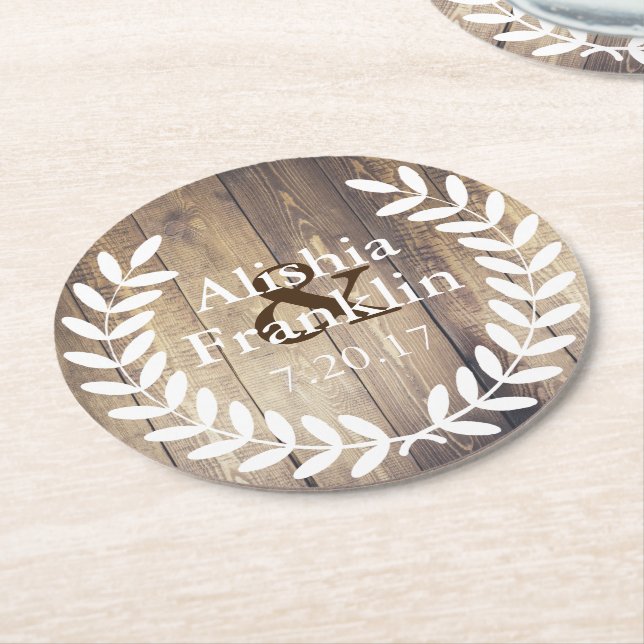 Farmhouse White Laurels Bride & Groom Wedding Date Round Paper Coaster (Angled)