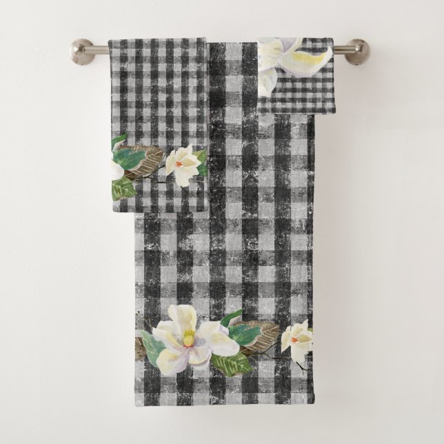 Farmhouse White Magnolia Leaves Black Check Rustic Bath Towel Set (Insitu)