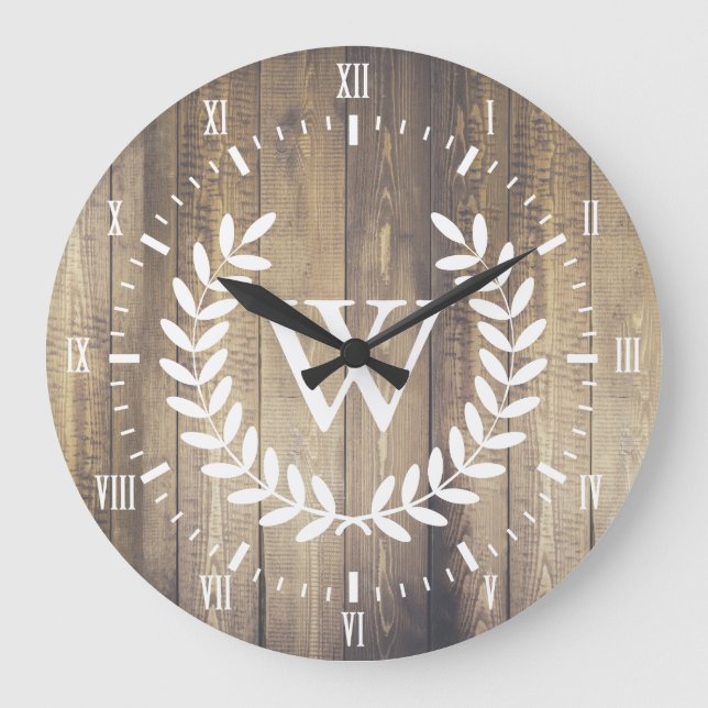 Farmhouse White Numerals Monogram Laurels Wood Large Clock (Front)
