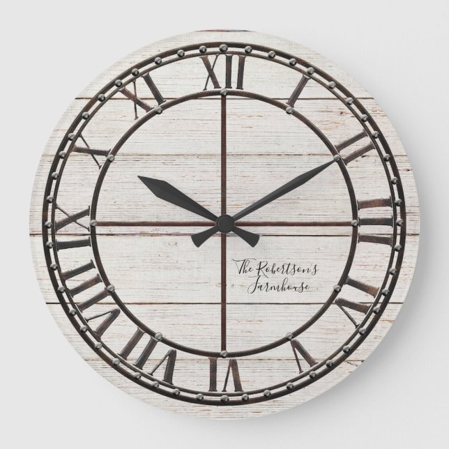 Farmhouse White Shiplap Wood Rustic Farm Art Large Clock (Front)
