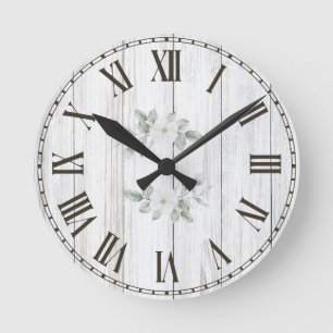 Farmhouse White Wood Greenery Floral Round Clock