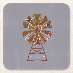 Farmhouse Windmill Rustic Wedding Square Paper Coaster