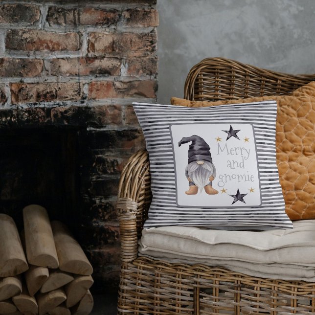 Farmhouse Winter Gnome on Buffalo for Christmas Throw Pillow (Elevate your holiday decor with the Farmhouse Winter Watercolor Gnome Christmas Throw Pillow. )