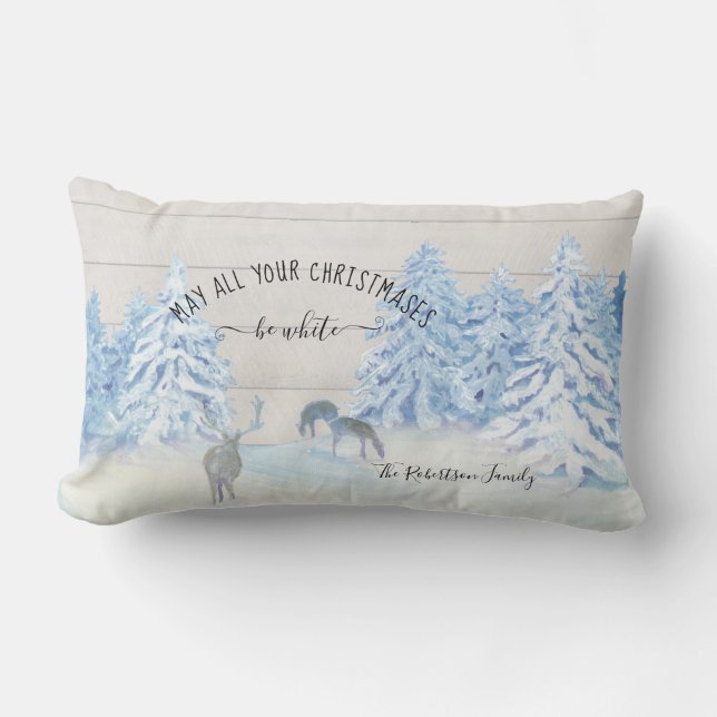 Farmhouse Winter Snow White Christmas Family Name Lumbar Pillow (Front)