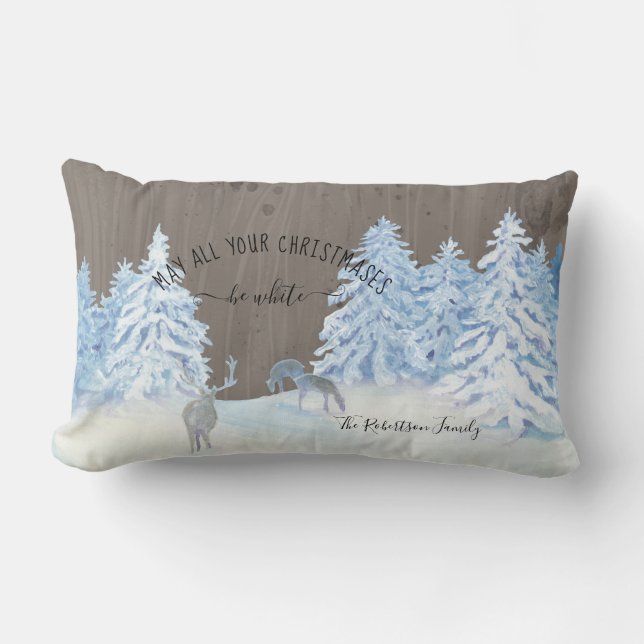 Farmhouse Wood Snowing White Christmas Family Name Lumbar Pillow (Front)