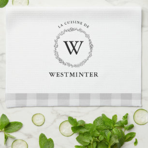 Farmhouse Wreath Grey Check Personalized Family Kitchen Towel