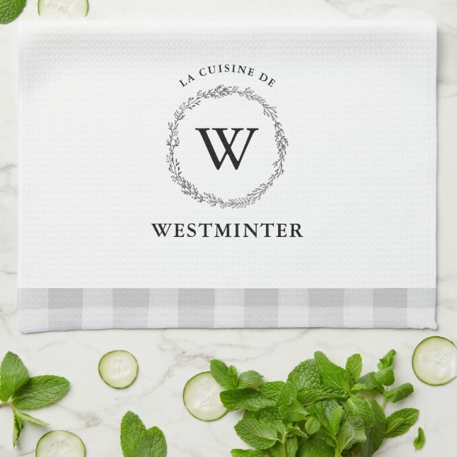 Farmhouse Wreath Grey Check Personalized Family Kitchen Towel (Folded)