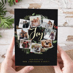 Farmhouse Wreath |  Photo Collage Foil Holiday Card<br><div class="desc">A festive holiday card design that features eight of your favourite photos arranged in a round wreath design accented by green watercolor foliage, pine cones and red holly berries on a dark background. "Joy" appears in the centre in festive gold foil hand lettered brush script typography. Personalize this unique holiday...</div>