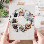 Farmhouse Wreath |  Photo Collage Foil Holiday Card<br><div class="desc">A festive holiday card design that features eight of your favourite photos arranged in a round wreath design accented by green watercolor foliage, pine cones and red holly berries on a warm white background. "Joy" appears in the centre in festive gold foil hand lettered brush script typography. Personalize this unique...</div>