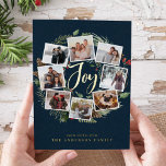 Farmhouse Wreath |  Photo Collage Foil Holiday Card<br><div class="desc">A festive holiday card design that features eight of your favourite photos arranged in a round wreath design accented by green watercolor foliage, pine cones and red holly berries on a navy blue background. "Joy" appears in the centre in festive gold foil hand lettered brush script typography. Personalize this unique...</div>