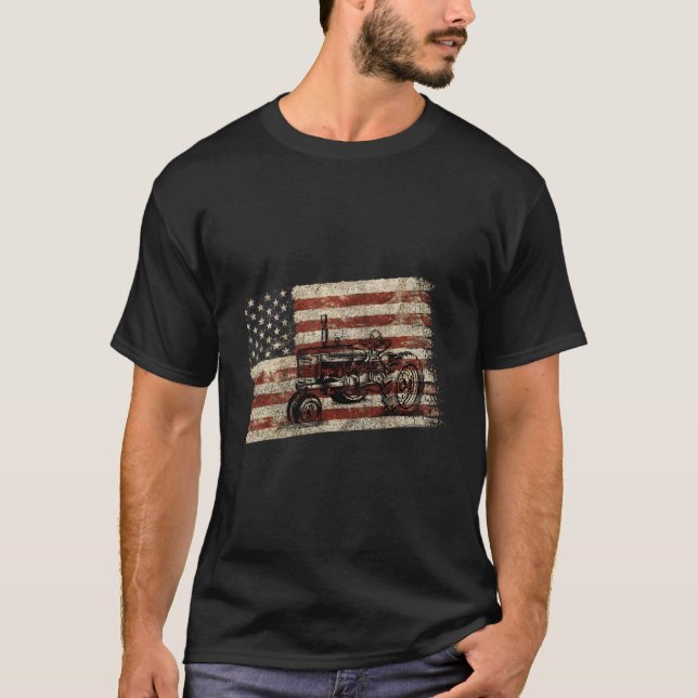 Farming Patriotic American Usa Flag Antique Tracto T-Shirt (Front)