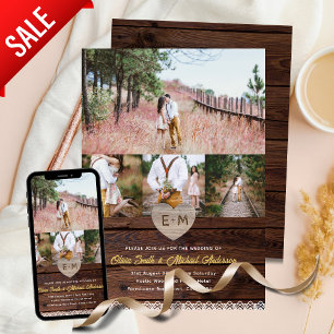 Farmouse Wedding   Rustic Wood Lace Photo Collage Invitation
