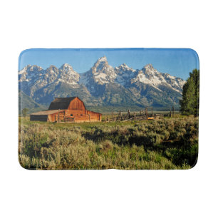 Farms Barn Shadowed by Snow Capped Mountains Bath Mat