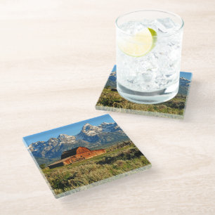 Farms   Barn Shadowed by Snow Capped Mountains Glass Coaster