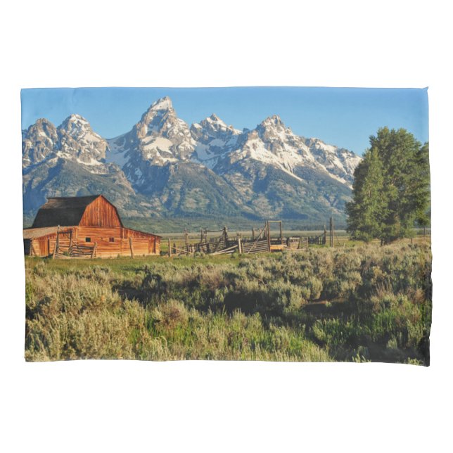 Farms | Barn Shadowed by Snow Capped Mountains Pillowcase (Front)