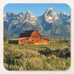 Farms   Barn Shadowed by Snow Capped Mountains Square Paper Coaster