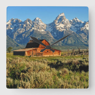 Farms   Barn Shadowed by Snow Capped Mountains Square Wall Clock