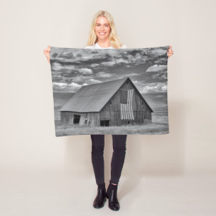 Farms   BW American Flag Barn Scene Fleece Blanket