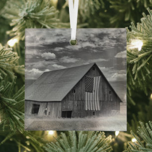 Farms BW American Flag Barn Scene Glass Ornament