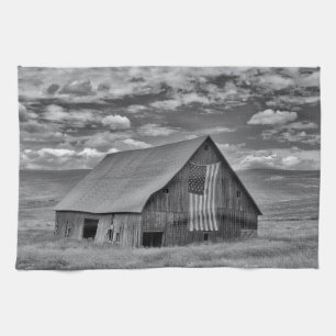 Farms BW American Flag Barn Scene Kitchen Towel