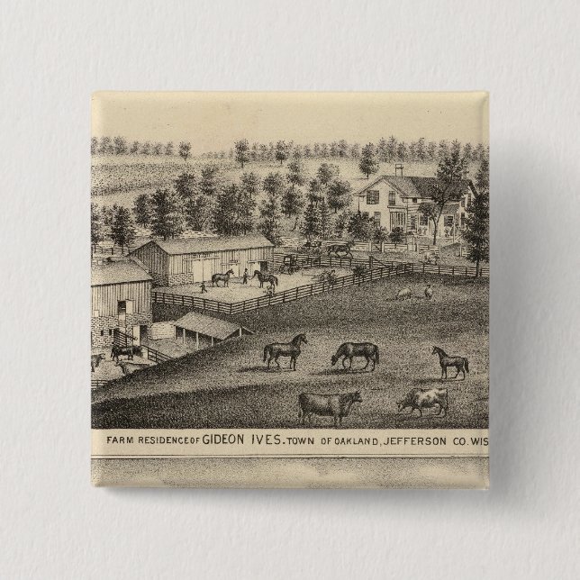 Farms of G Ives, Oakland, and A Wheeler, Pewaukee 2 Inch Square Button (Front)