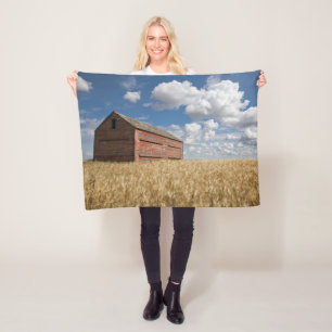 Farms Old Red Barn in Wheat Field Fleece Blanket