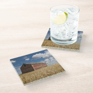 Farms Old Red Barn in Wheat Field Glass Coaster