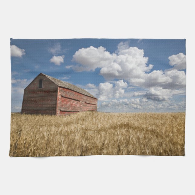 Farms | Old Red Barn in Wheat Field Kitchen Towel (Horizontal)
