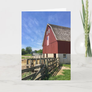 Farms Red Barn With American Flag Card