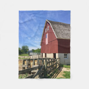 Farms   Red Barn With American Flag Fleece Blanket