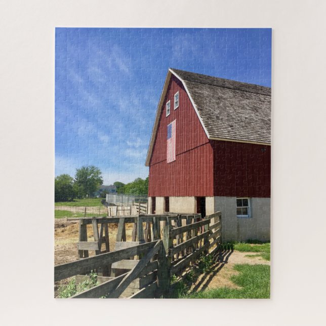 Farms | Red Barn With American Flag Jigsaw Puzzle (Vertical)