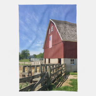 Farms Red Barn With American Flag Kitchen Towel