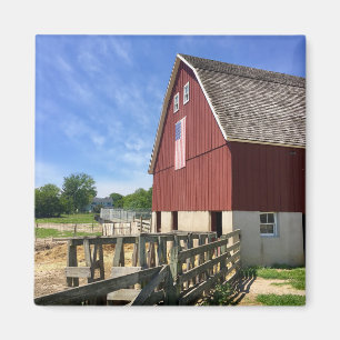 Farms Red Barn With American Flag Magnet