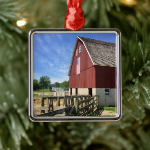 Farms   Red Barn With American Flag Metal Ornament