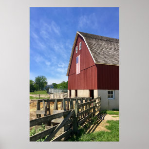 Farms   Red Barn With American Flag Poster