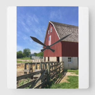 Farms   Red Barn With American Flag Square Wall Clock