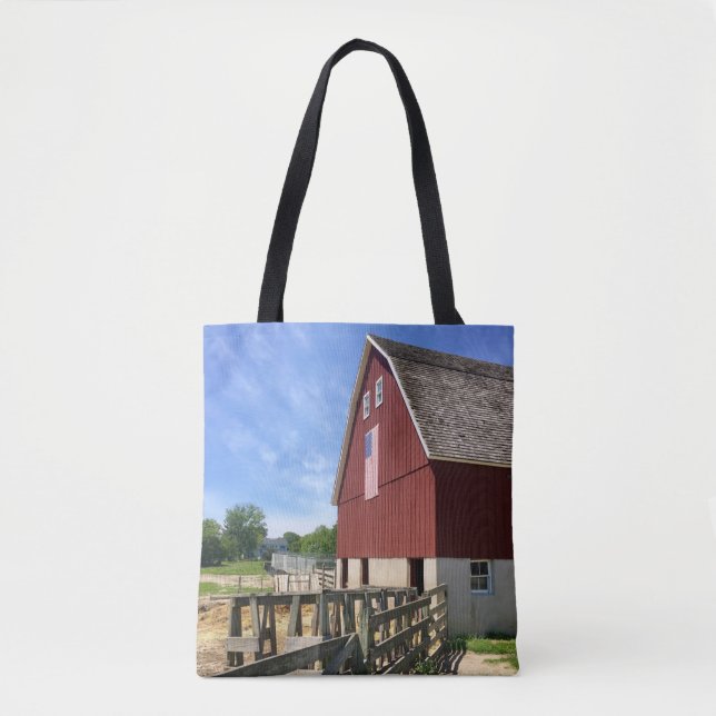 Farms | Red Barn With American Flag Tote Bag (Front)