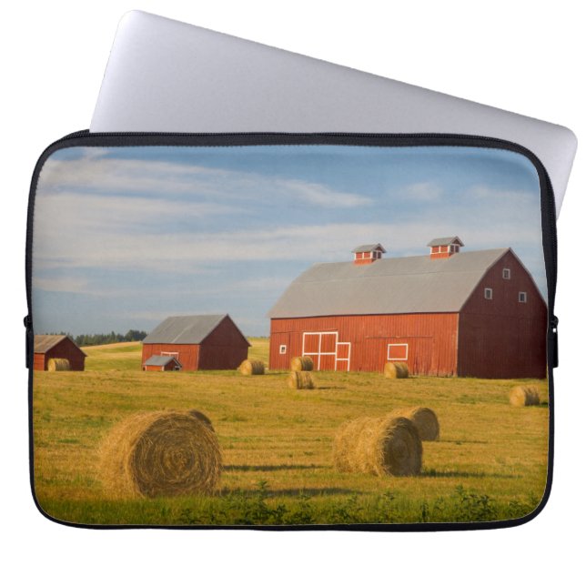 Farms | Red Barns Near Hay Bales Laptop Sleeve (Front)