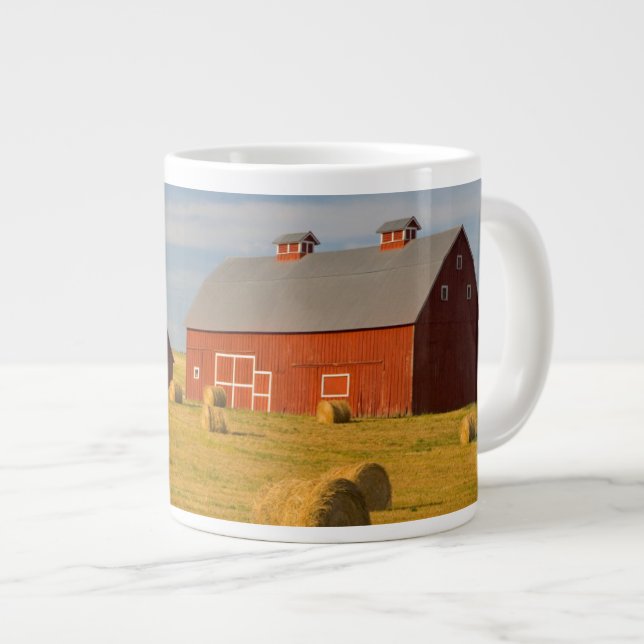 Farms | Red Barns Near Hay Bales Large Coffee Mug (Front Right)