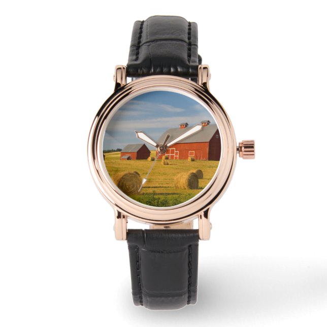Farms | Red Barns Near Hay Bales Watch (Front)