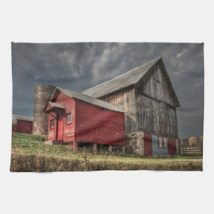 Farms Red Wooden Barn in Michigan Kitchen Towel
