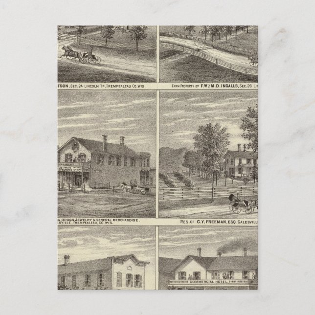 Farms, residences, stores postcard (Front)