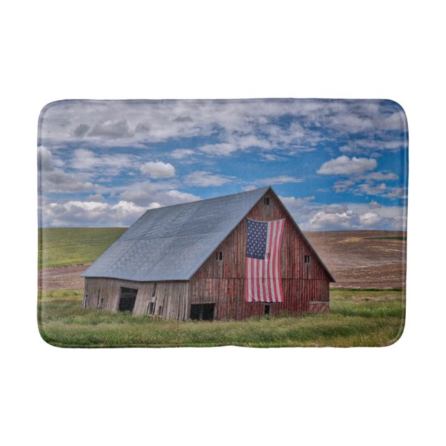Farms | Rustic Red Barn With American Flag Bath Mat (Front)