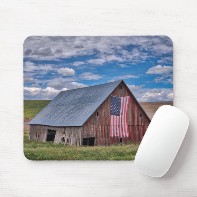 Farms | Rustic Red Barn With American Flag Mouse Pad (With Mouse)