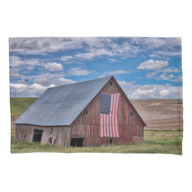 Farms | Rustic Red Barn With American Flag Pillowcase (Front)