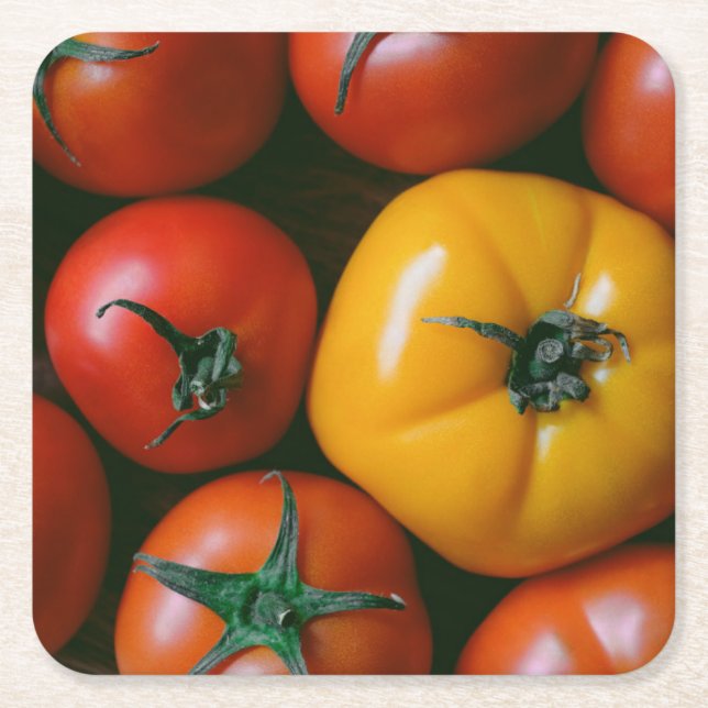 Farms | Shiny Red & Yellow Tomatoes Square Paper Coaster (Front)